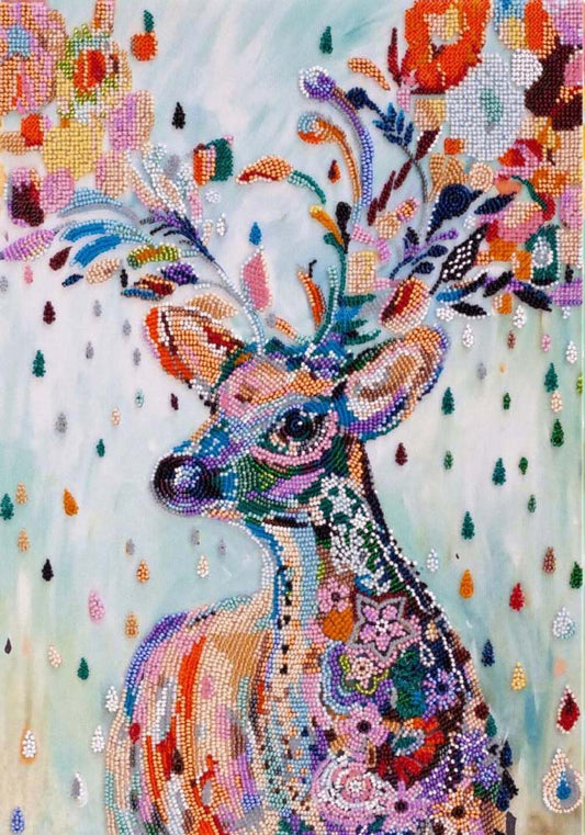 Colorful bead embroidery of a deer with floral patterns on a light background