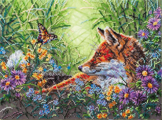 Diamond painting of a fox among flowers and a butterfly