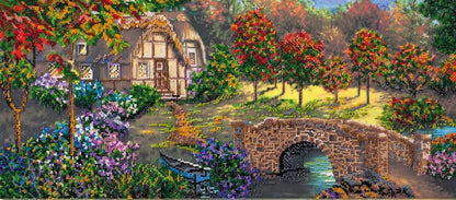 Colorful landscape with a quaint house, bridge, and garden
