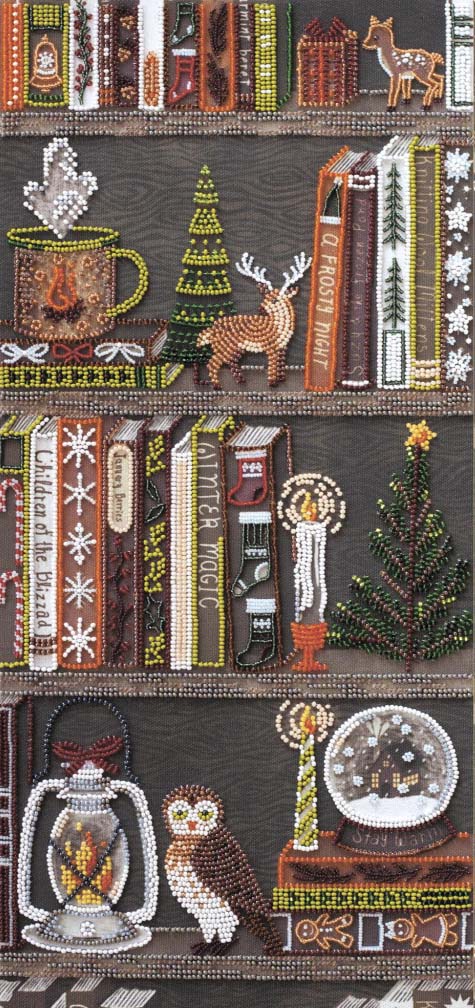 Decorative fabric panel with books, animals, and winter elements on a brown background