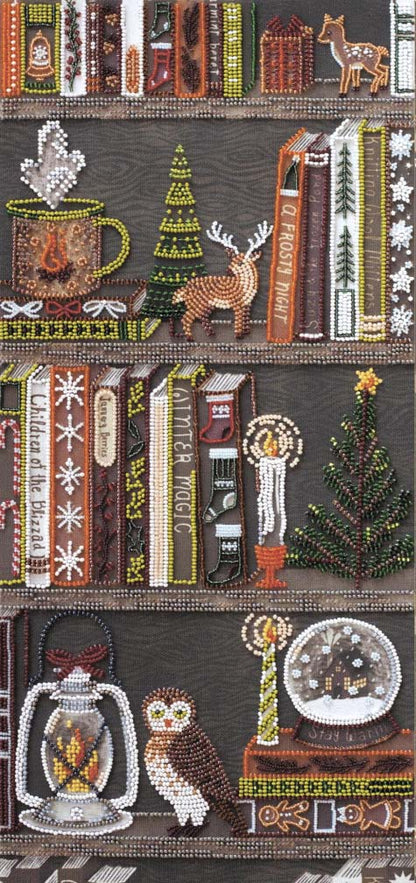 Decorative fabric panel with books, animals, and winter elements on a brown background