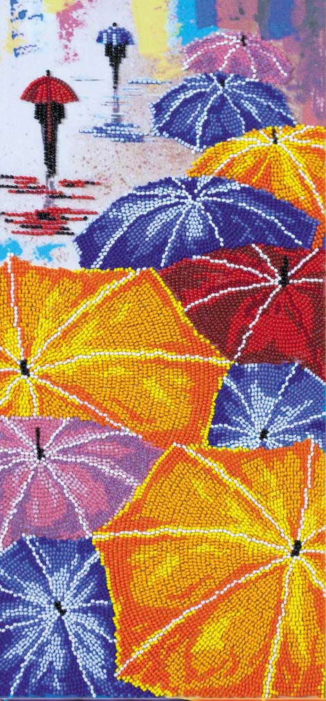 Cross-stitched pattern of colorful umbrellas and people with an umbrella.