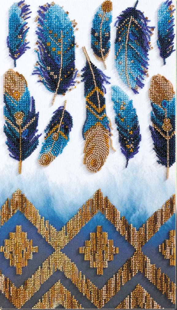 Decorative paper with blue and gold feathers and geometric patterns