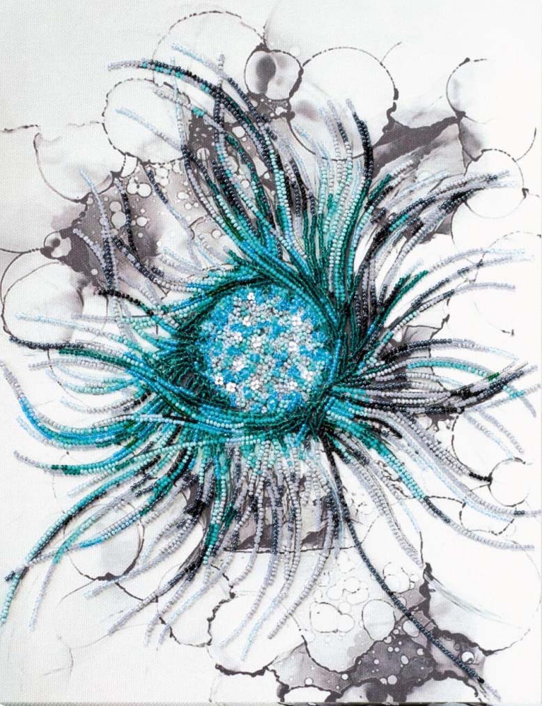 Artistic depiction of a flower with teal center and black and white petals on a light gray background