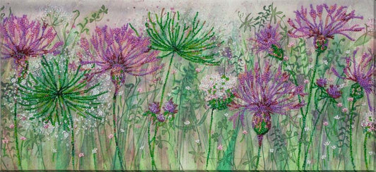 Illustration of various flowers including purple and green plants on a textured background