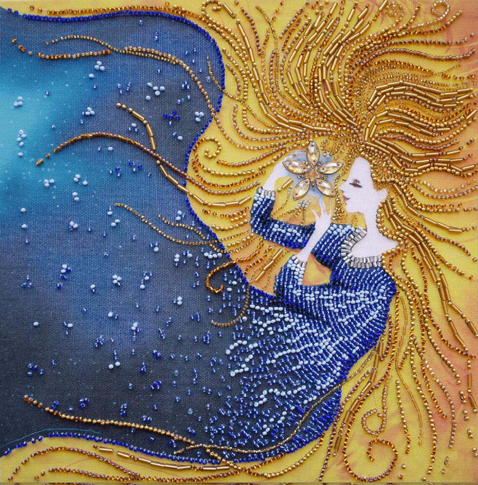 Decorative artwork of a woman with a butterfly, set against a starry night sky.