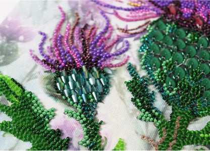 Thistle Flower Bead Embroidery Kit by Abris Art, "Spiky Luxury" DIY Floral Beadwork Kit, Premium Preciosa Czech Beads on Natural Art Canvas, Unique Textured Needlepoint Gift