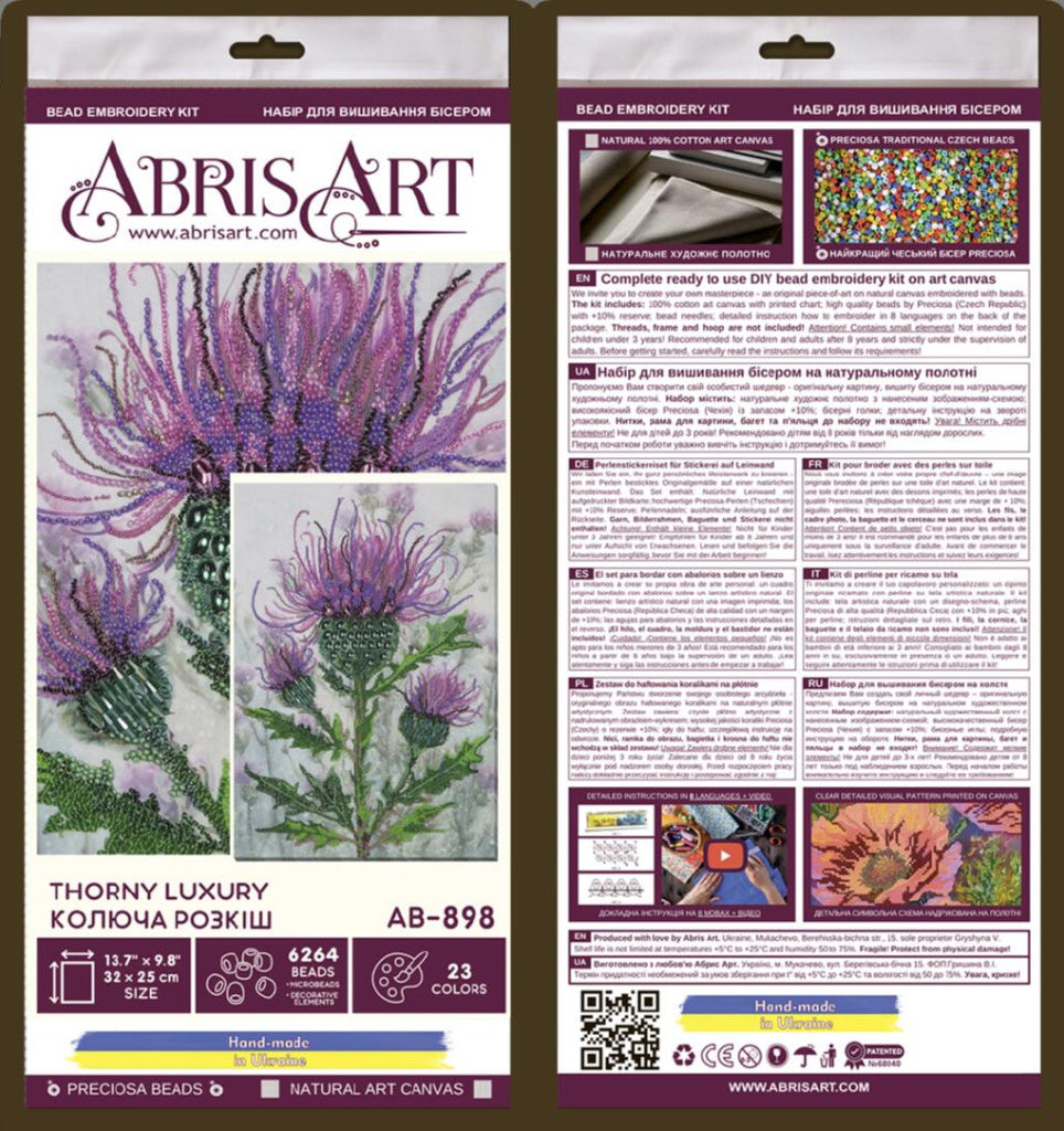 Thistle Flower Bead Embroidery Kit by Abris Art, "Spiky Luxury" DIY Floral Beadwork Kit, Premium Preciosa Czech Beads on Natural Art Canvas, Unique Textured Needlepoint Gift