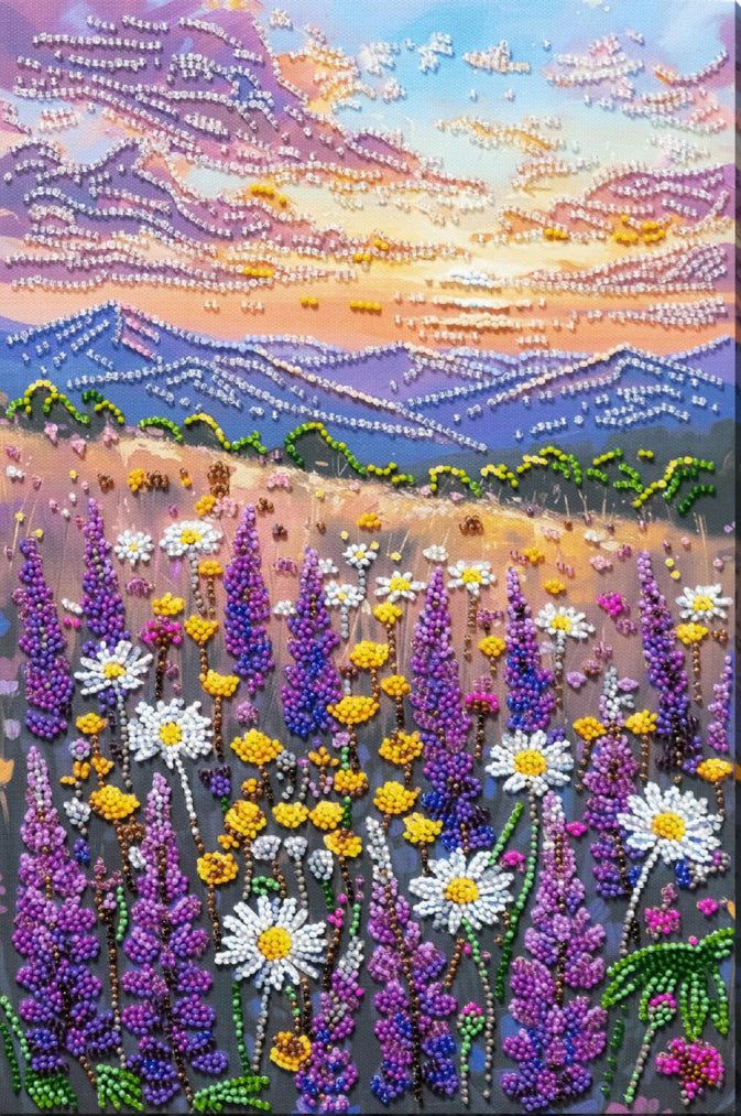 A colorful landscape artwork depicting a field of purple lupines and white/yellow daisies with purple mountains and a pastel sunset sky.