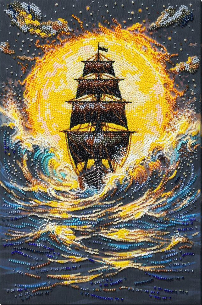 A diamond painting or bead art canvas depicting a dark sailing ship navigating dramatic blue and gold waves in front of a large glowing yellow sun, with stars in the sky.