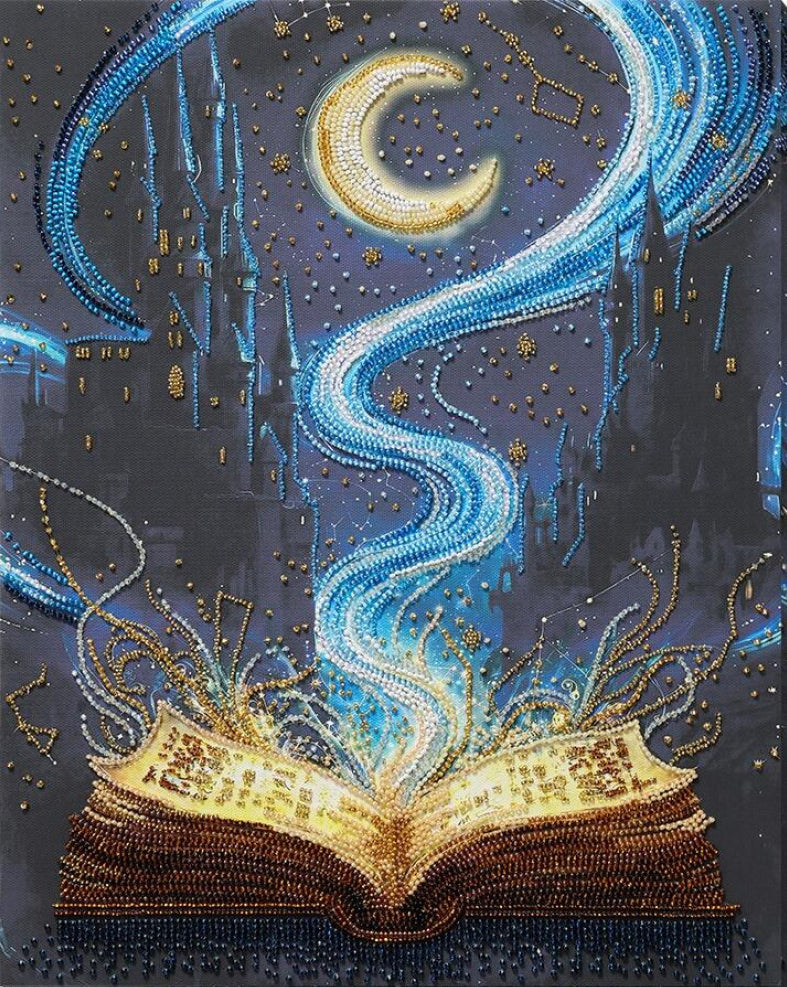 A fantasy diamond painting or bead art design featuring an open glowing gold book from which a swirling blue and white magical stream rises toward a crescent moon and starry night sky, with castle silhouettes in the background.