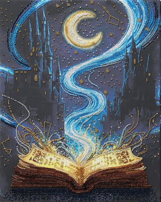 A fantasy diamond painting or bead art design featuring an open glowing gold book from which a swirling blue and white magical stream rises toward a crescent moon and starry night sky, with castle silhouettes in the background.