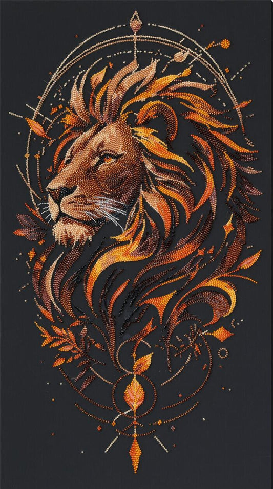 A stylized lion head illustration in warm orange, gold, and brown tones on a dark charcoal background, surrounded by decorative circular linework and leaf-like flourishes.