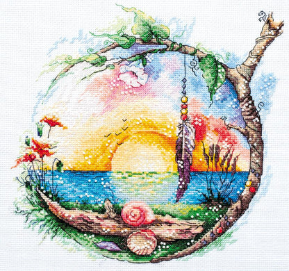 A cross stitch kit depicting a vibrant landscape with a sun, trees, and a path, kit includes threads, fabric, a symbol chart, needle, and instructions.