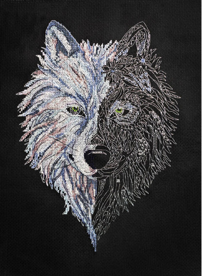 Counted Cross stitch kit depicting a wolf's face on a black background with different shades of thread.