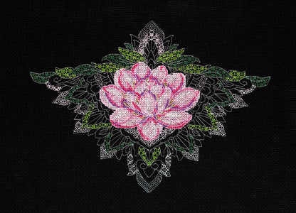 A cross stitch kit kit with a design of a pink lotus flower surrounded by green leaves on a black background, indicating the kit includes a symbol chart, needle, and instructions.