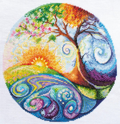 A cross stitch kit depicting a colorful landscape with a tree and abstract designs, kit contents including thread, fabric, symbol chart, needle, and instructions.