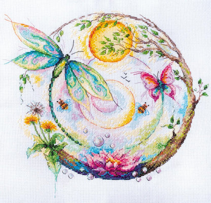 A cross stitch kit depicting a whimsical design with a dragonfly, sun, flowers, and water droplets, kit includes threads, fabric, a symbol chart, needle, and instructions.