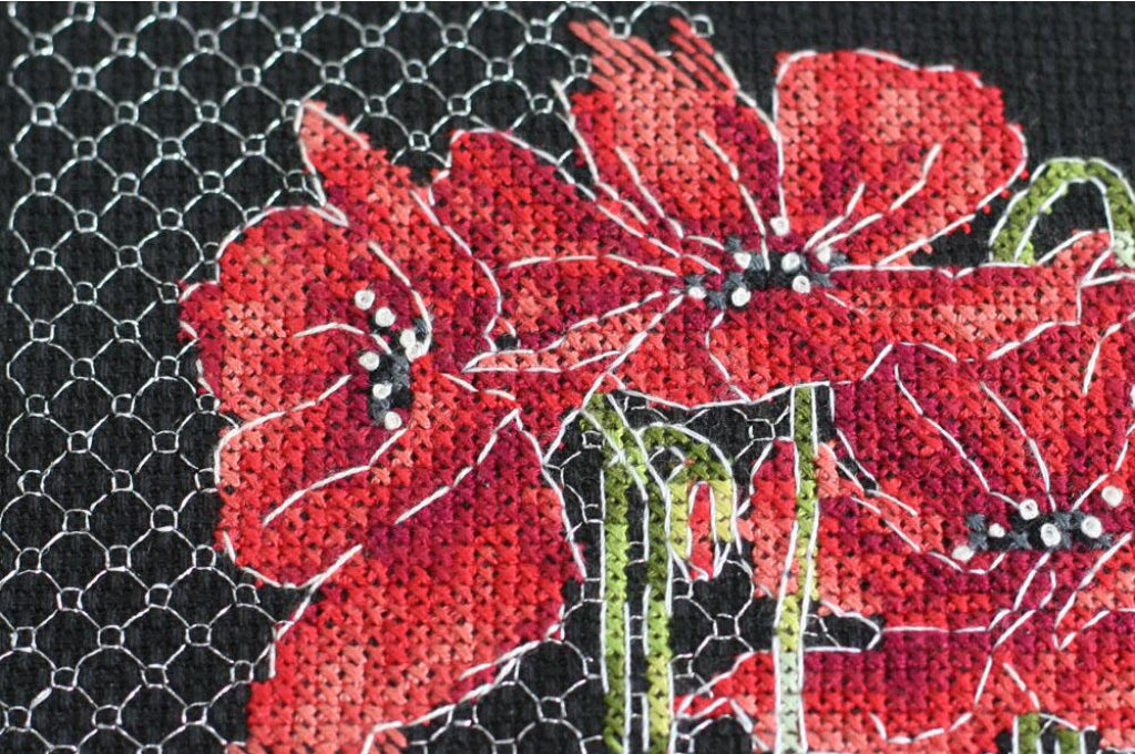 Kreuzstichset Mohnblumen zum Selbermachen, unbedruckte Leinwand 