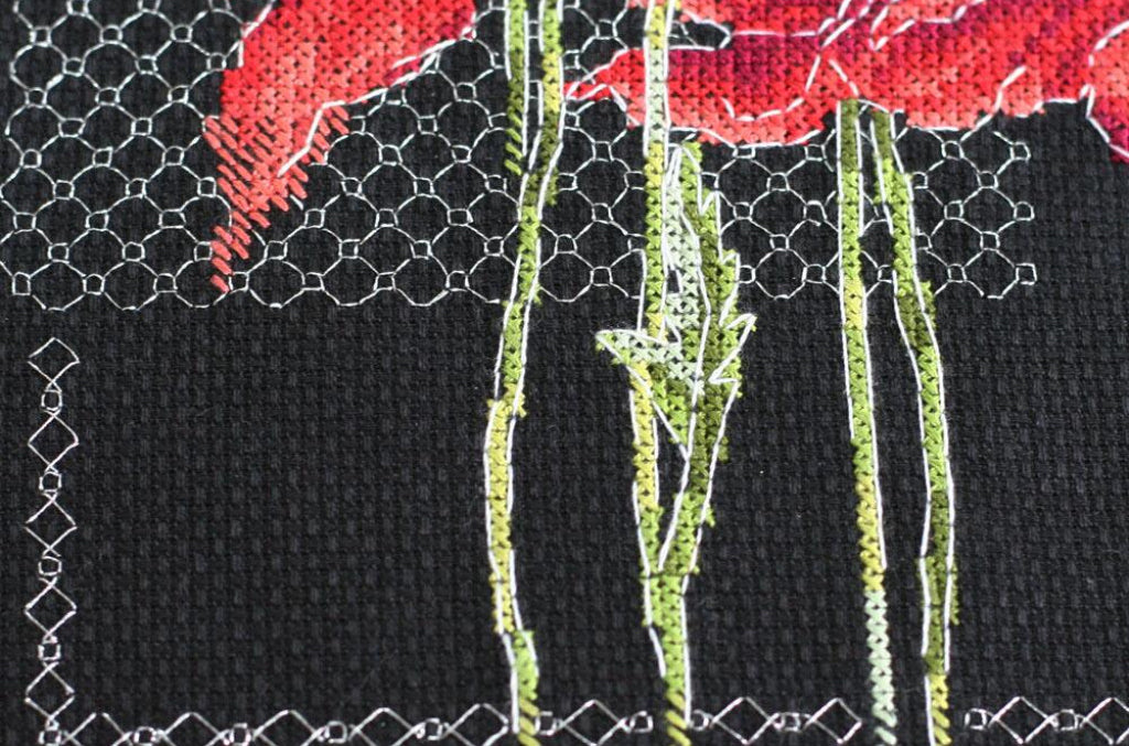 Kreuzstichset Mohnblumen zum Selbermachen, unbedruckte Leinwand 