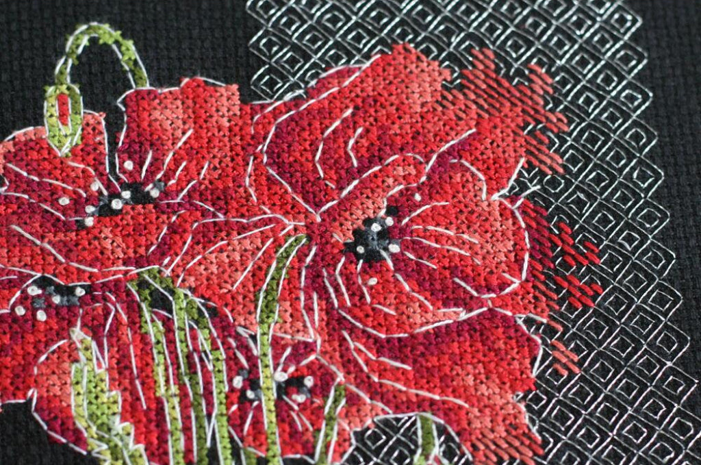 Kreuzstichset Mohnblumen zum Selbermachen, unbedruckte Leinwand 