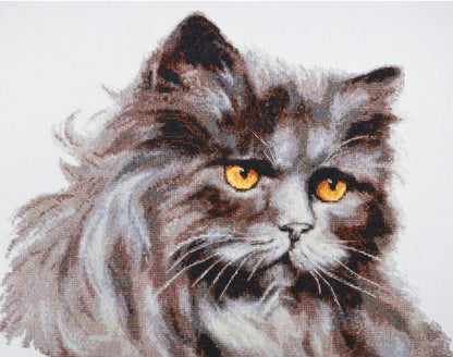 Cross stitch kit depicting a detailed image of a cat with orange eyes on unprinted canvas.