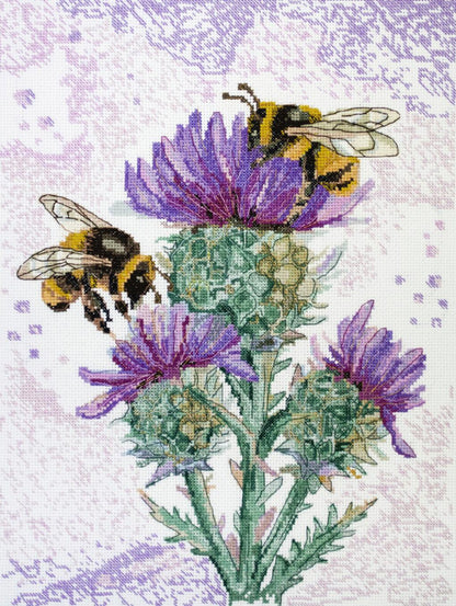 Two bees on purple flowers with a textured purple background