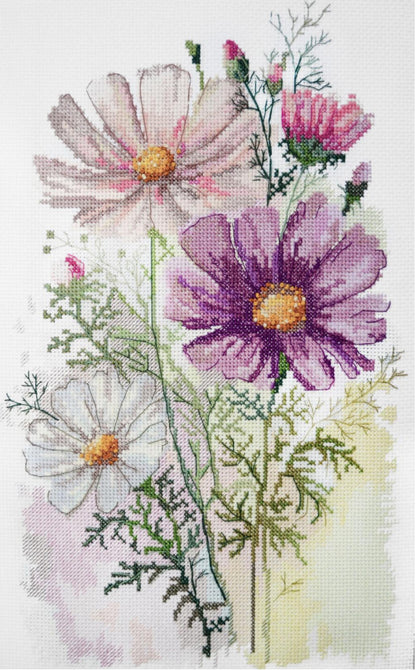 Cross-stitched flowers including a pink daisy, purple flower, and white daisy on a white background.