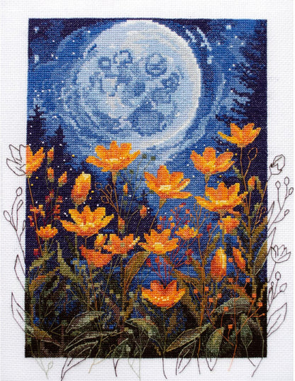 A cross stitch kit depicting a night scene with orange flowers, leaves, and a full moon in the background.
