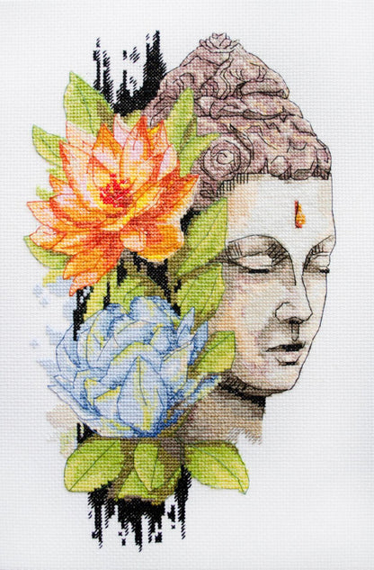 Counted cross stitch kit depicting a floral design with a Buddha head silhouette, unprinted canvas.