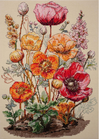 A cross stitch kit depicting a floral design with prominent red and orange flowers, issued by Abris Art.