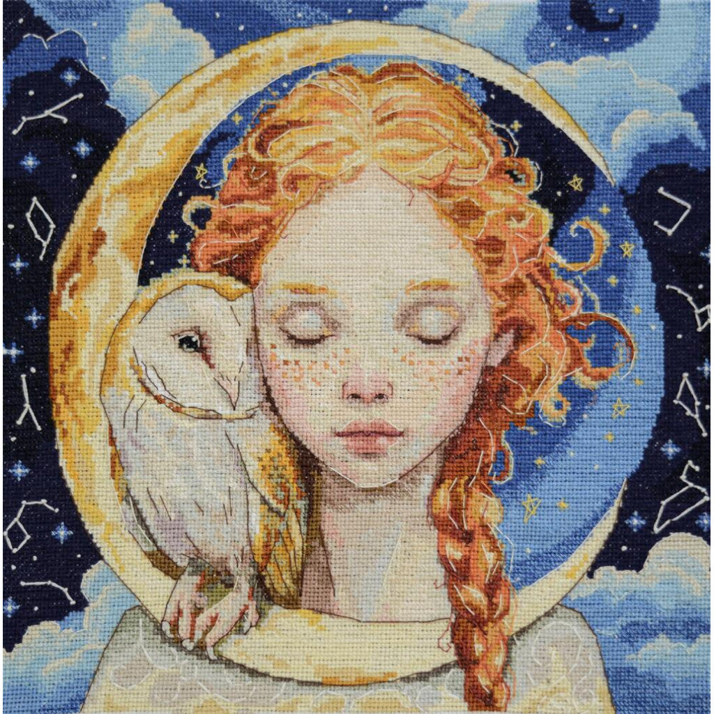 Illustration of a girl with an owl on her shoulder against a celestial background