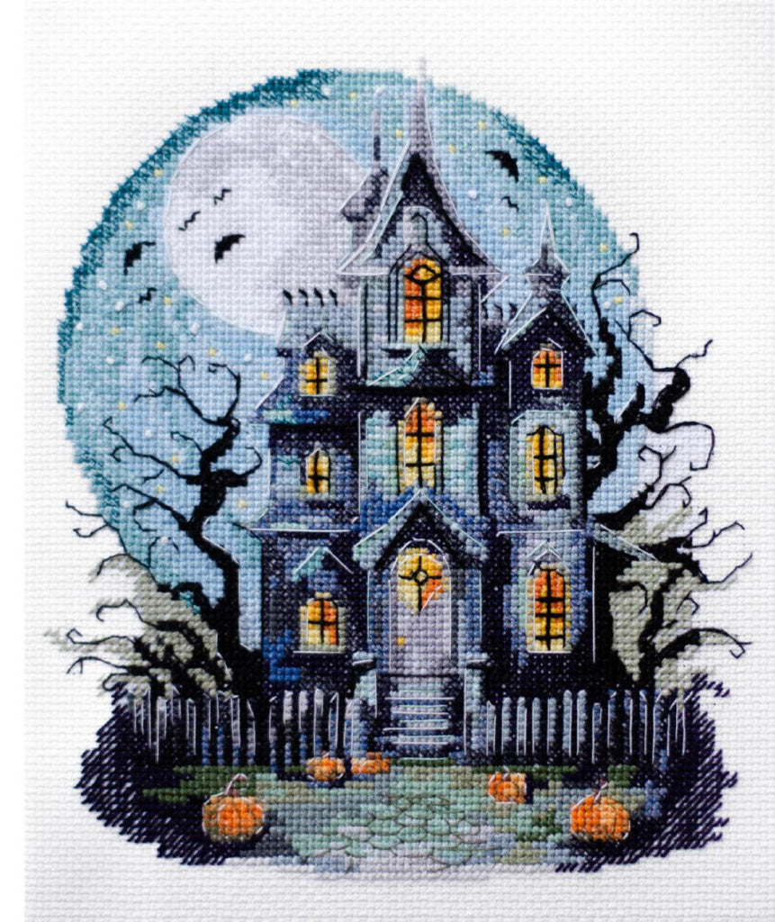Haunted house with pumpkins and bats under a full moon, cross-stitch pattern