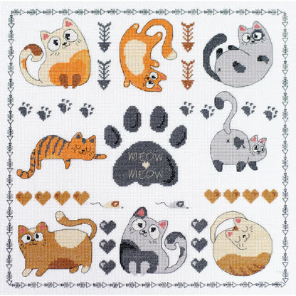 Cross-stitched pattern of various cartoon cats and paw prints on a white background.