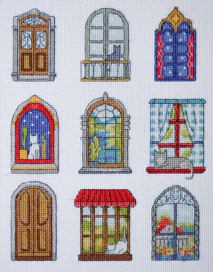 Collection of cross-stitched windows with various designs and scenes.