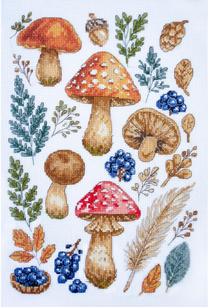 Cross-stitched pattern with mushrooms, leaves, and berries on a white background