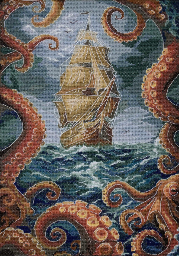 Sailing ship surrounded by octopus tentacles in a maritime scene