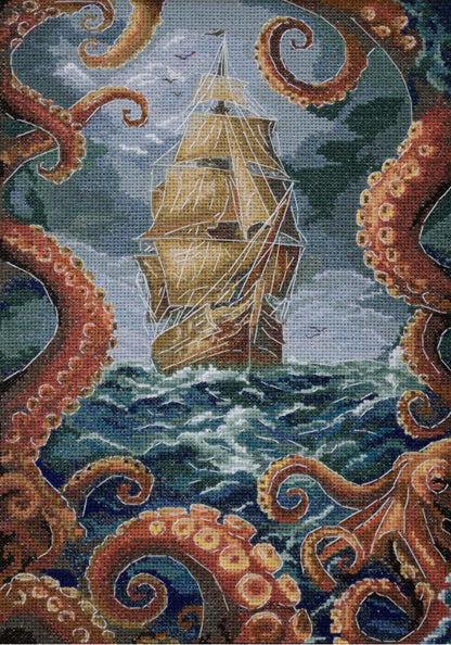 Sailing ship surrounded by octopus tentacles in a maritime scene