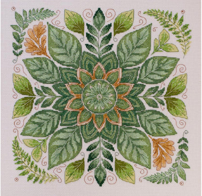 Decorative design with green leaves and a central floral pattern on a white background
