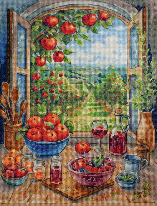 Cross-stitched scene of a table with fruits and drinks, open window with apples, and garden view.