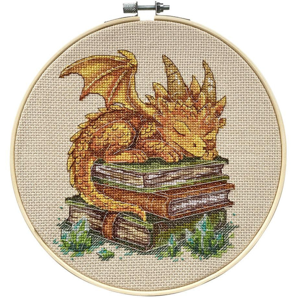 Embroidery hoop with a dragon design on top of books