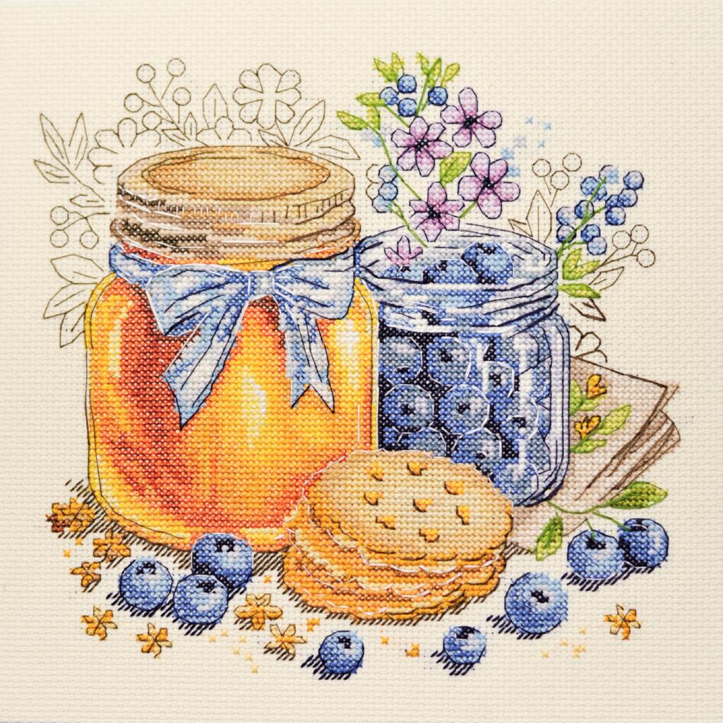 Decorative image of jars with honey, blueberries, and cookies on a textured background