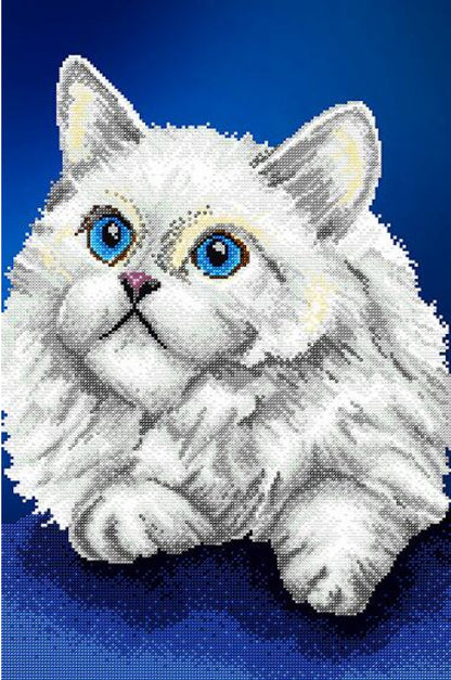 A bead embroidery kit depicting a white cat with blue eyes on a blue background.