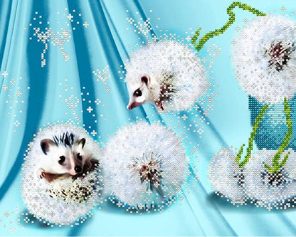 A beaded embroidery kit depicting white hedgehogs with green accents on a blue fabric background, with beaded dandelion-like flowers.