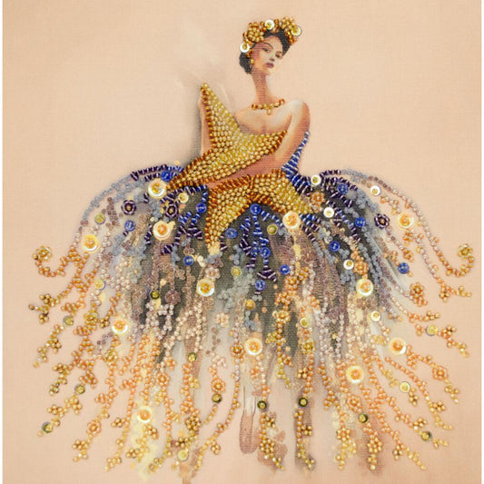 Artistic depiction of a woman in an elaborate, beaded gown with a soft beige background