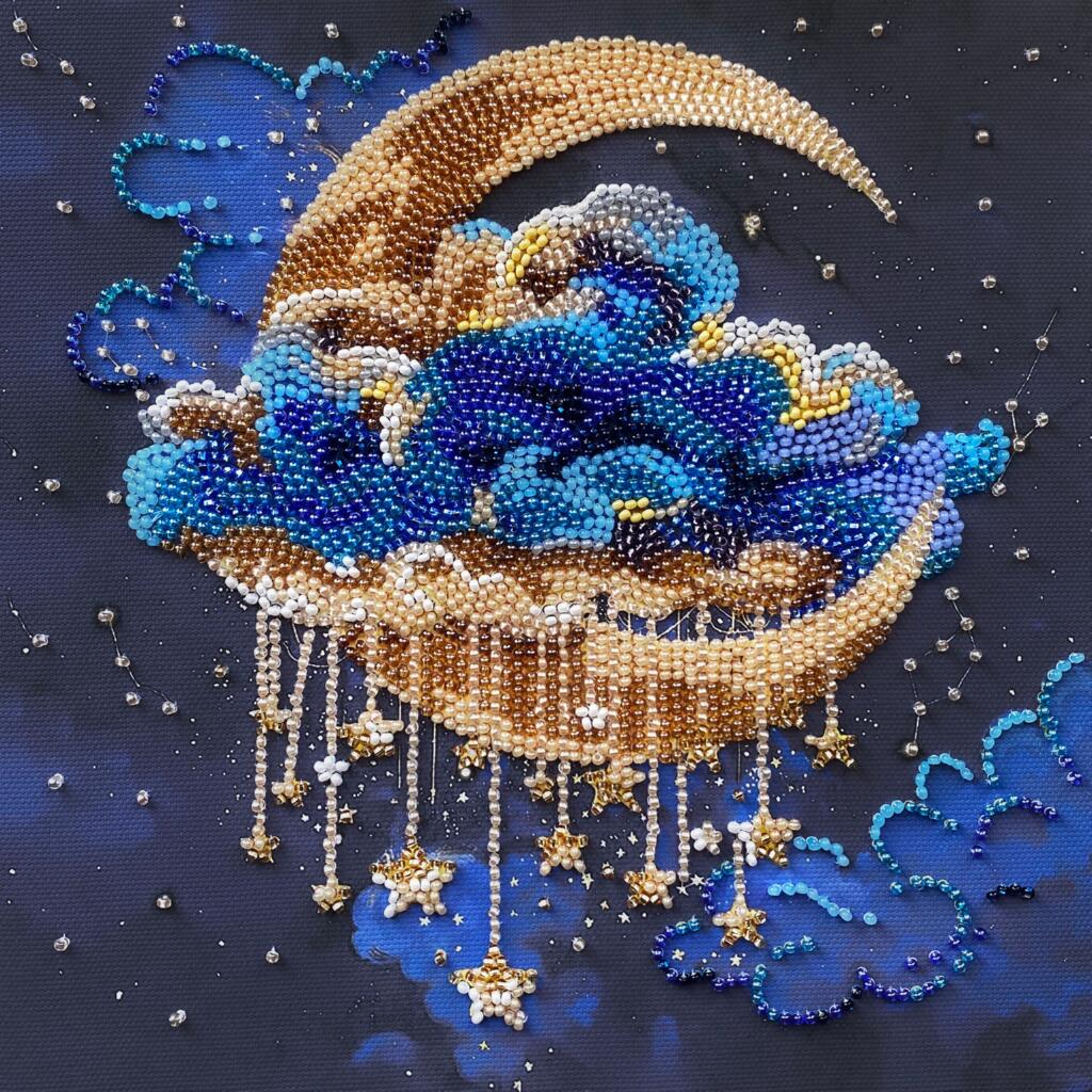 Decorative beaded artwork of a crescent moon and clouds on a dark background