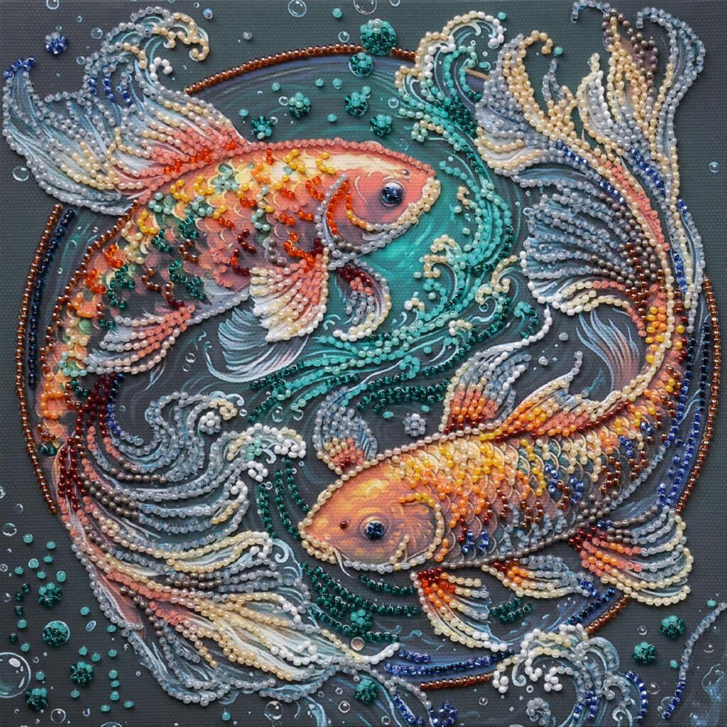 Artistic depiction of two goldfish with intricate beadwork on a dark background