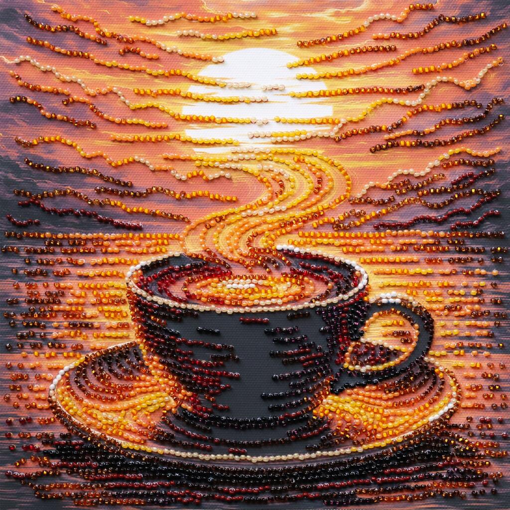 Artistic depiction of a coffee cup and saucer made from small beads or stones, set against a warm, glowing background.