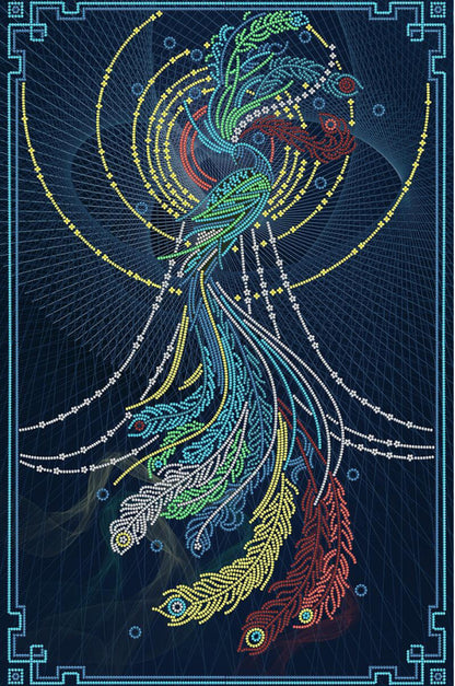A colorful bead embroidery kit depicting a bird with intricate patterns and Feathers in blue, red, and green colors on a dark background.