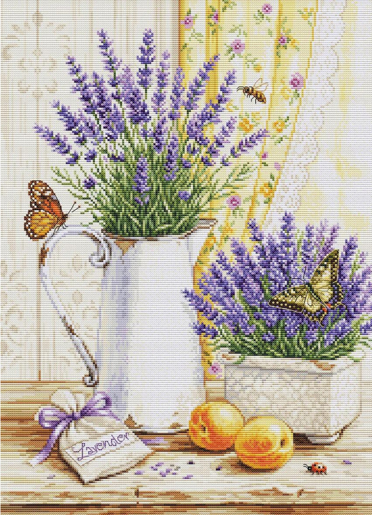 A decorative still-life illustration featuring lavender sprigs in two white pitchers, with butterflies, a small lavender sachet tied with a ribbon, and two oranges on a rustic wooden surface. The background shows a cream patterned wall and yellow floral curtains.